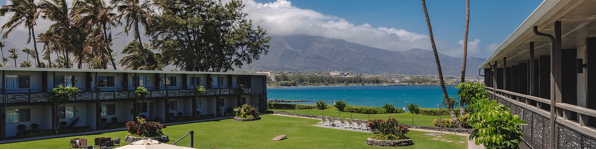 A resort with a pool, sun loungers, and palm trees overlooking the ocean with mountains in the background and clear blue skies.