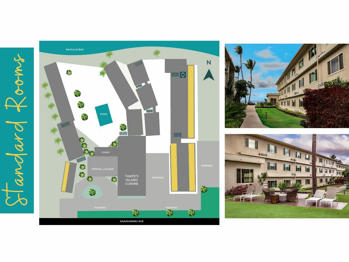An image of a hotel layout map labeled "Standard Rooms" with two photos of the exterior showing the building and surrounding landscaping.