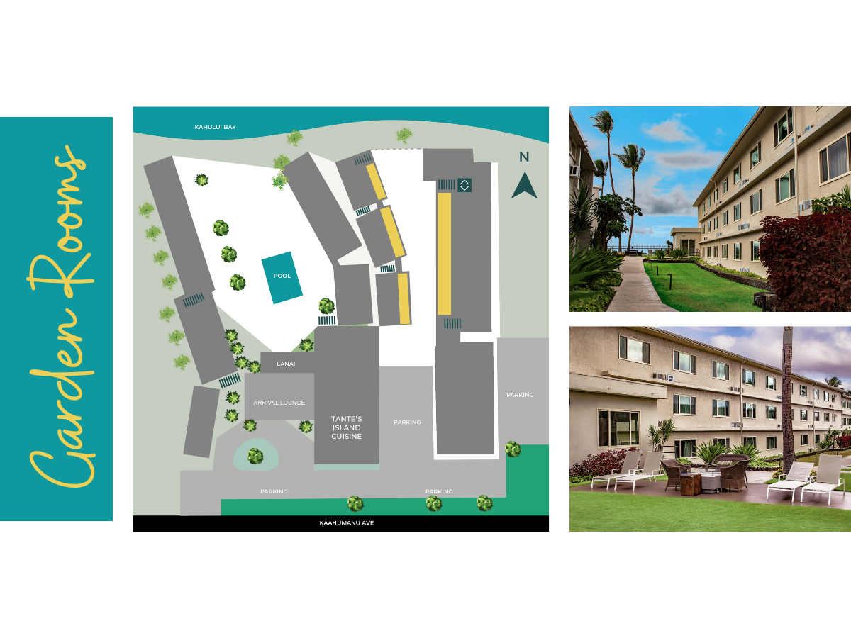 The image shows a map of garden rooms in a hotel complex alongside photos of the exterior with pathways and palm trees.