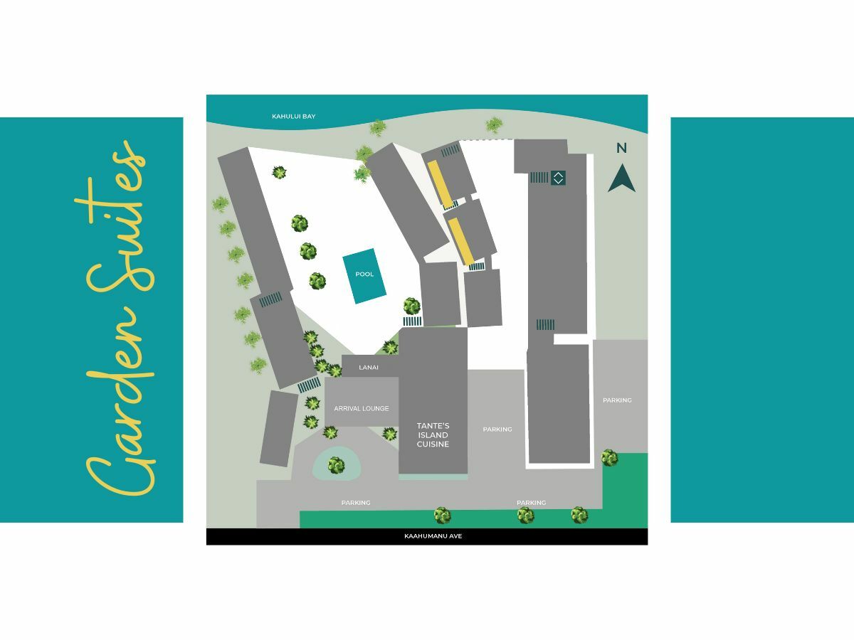 This image is a layout or map of a property named "Garden Suites," showing various buildings, a pool, parking, and landscaped areas.