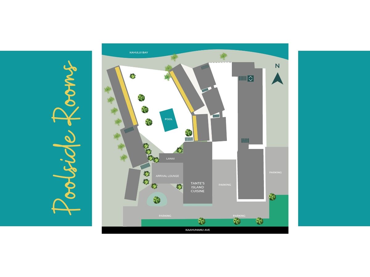 This image shows a map of a poolside area, including a pool, rooms, a cafe, and surrounding greenery. It also includes navigation points and labels.